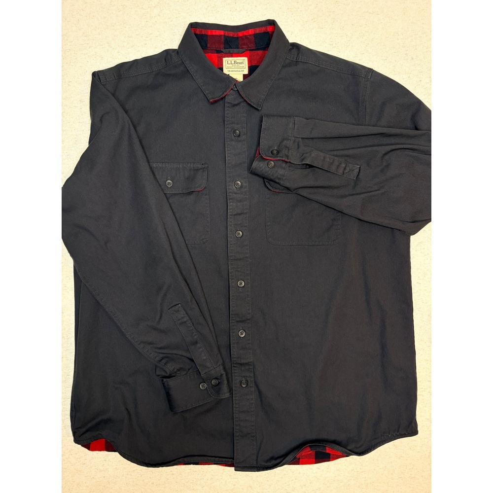 LL Bean Mens Flannel Lined Shirt Jacket Large Black Red Buffalo Plaid 298205